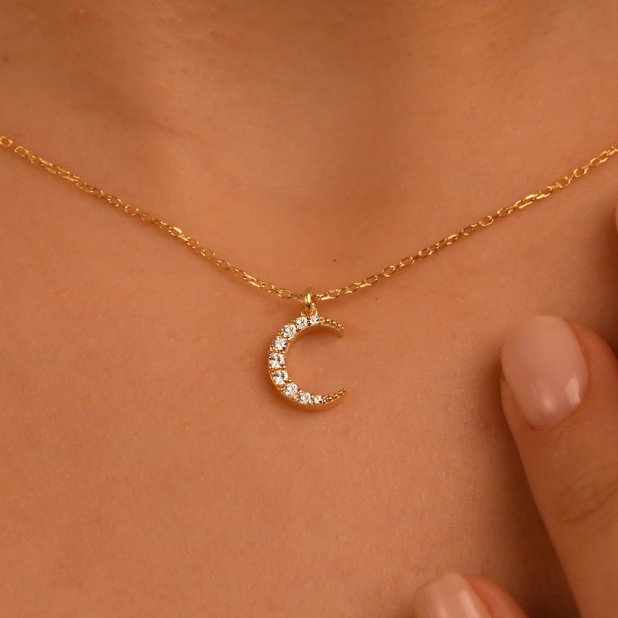 18k Solid Gold Diamond Crescent Necklace 14k Diamond Moon Necklace
