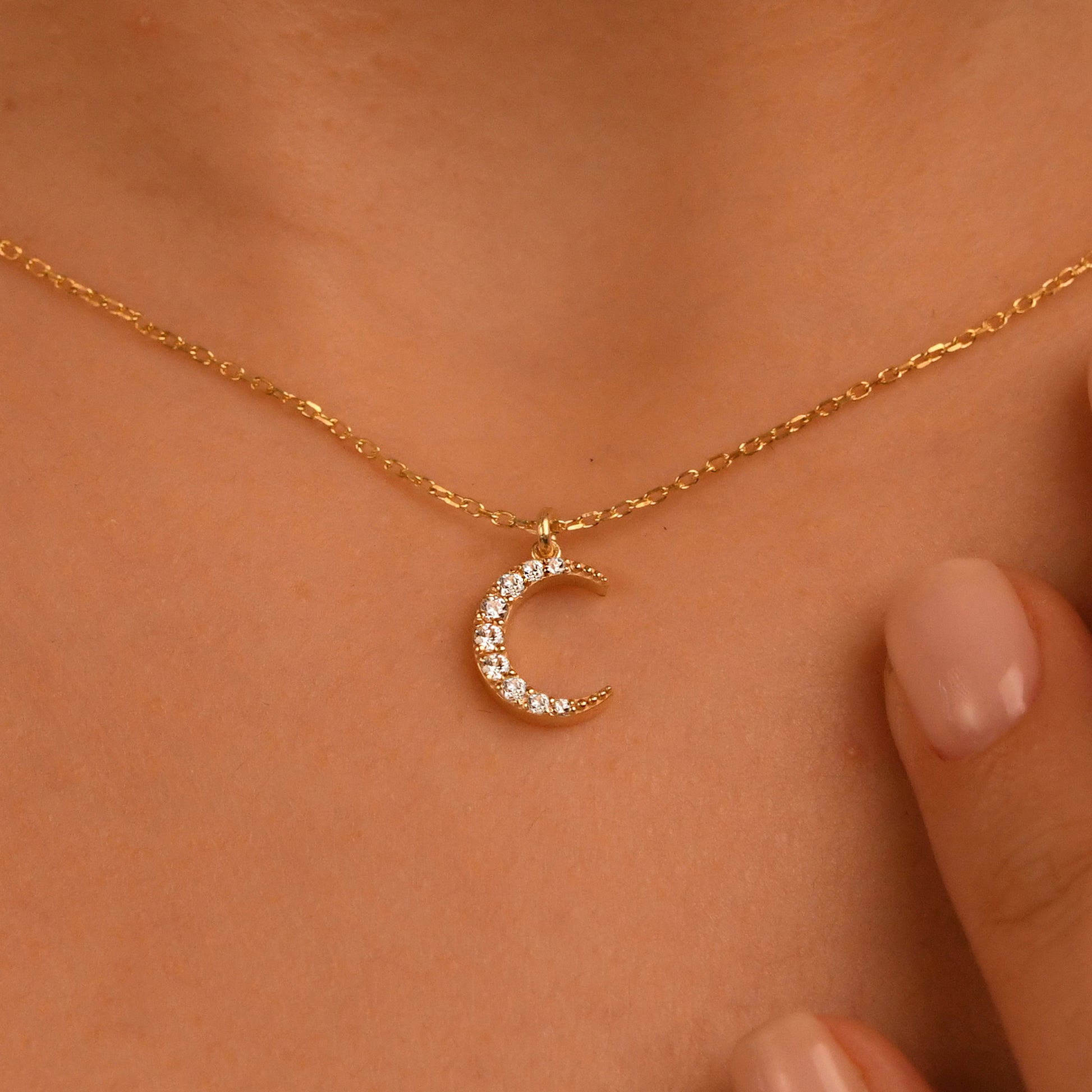 18k Solid Gold Diamond Crescent Necklace 14k Diamond Moon Necklace
