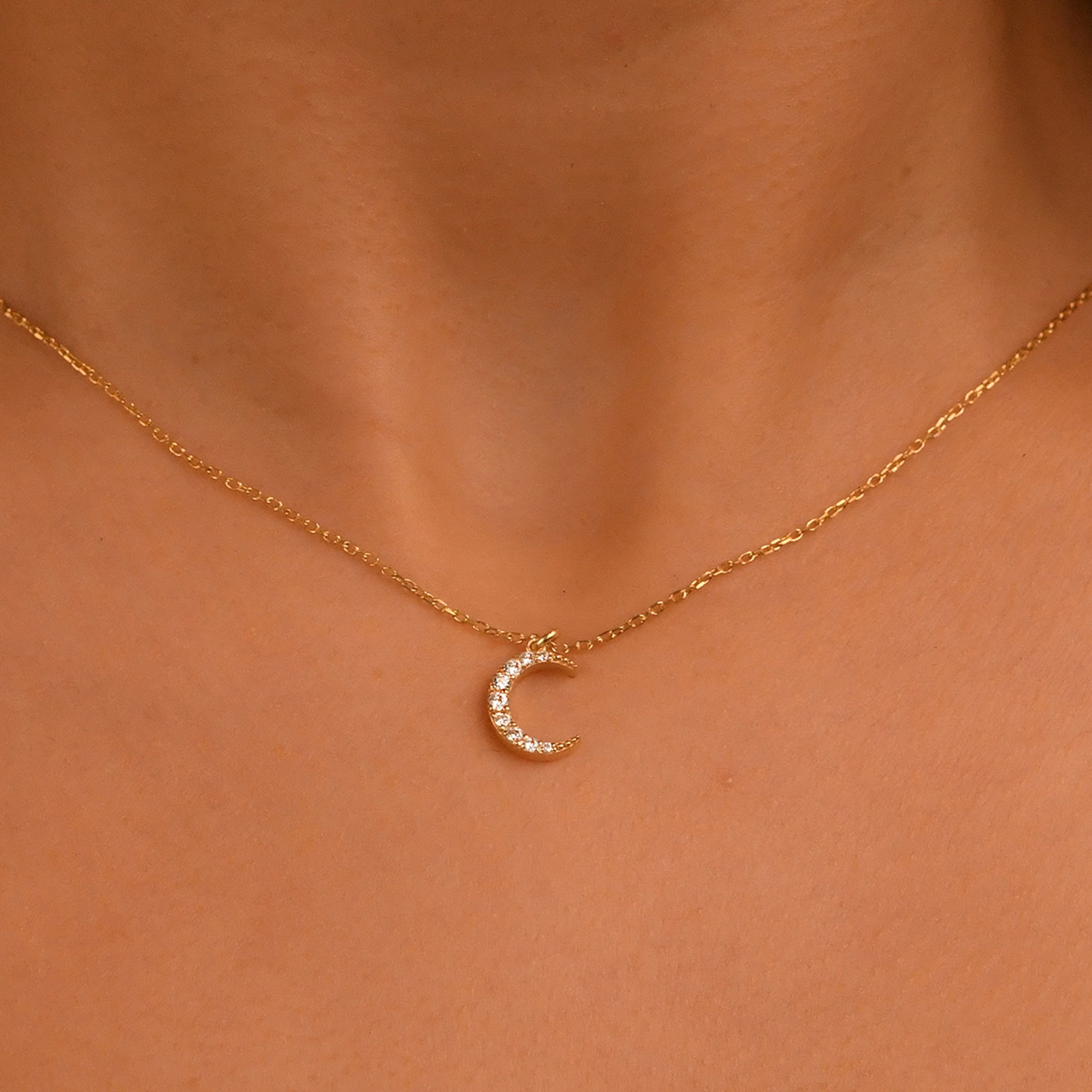 18k Solid Gold Diamond Crescent Necklace 14k Diamond Moon Necklace