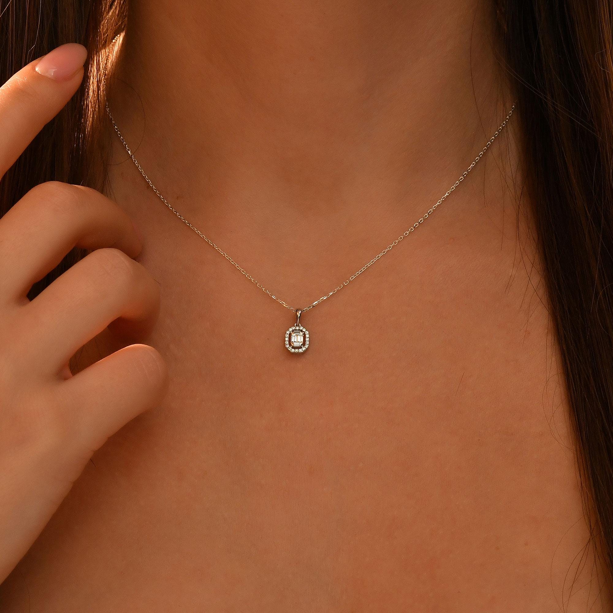 Diamond Baguette Necklace, 18k Gold Baguette Necklace for Women, 14k Solid Gold Diamond Baguette Necklace, Minimalist Gold Baguette Pendant