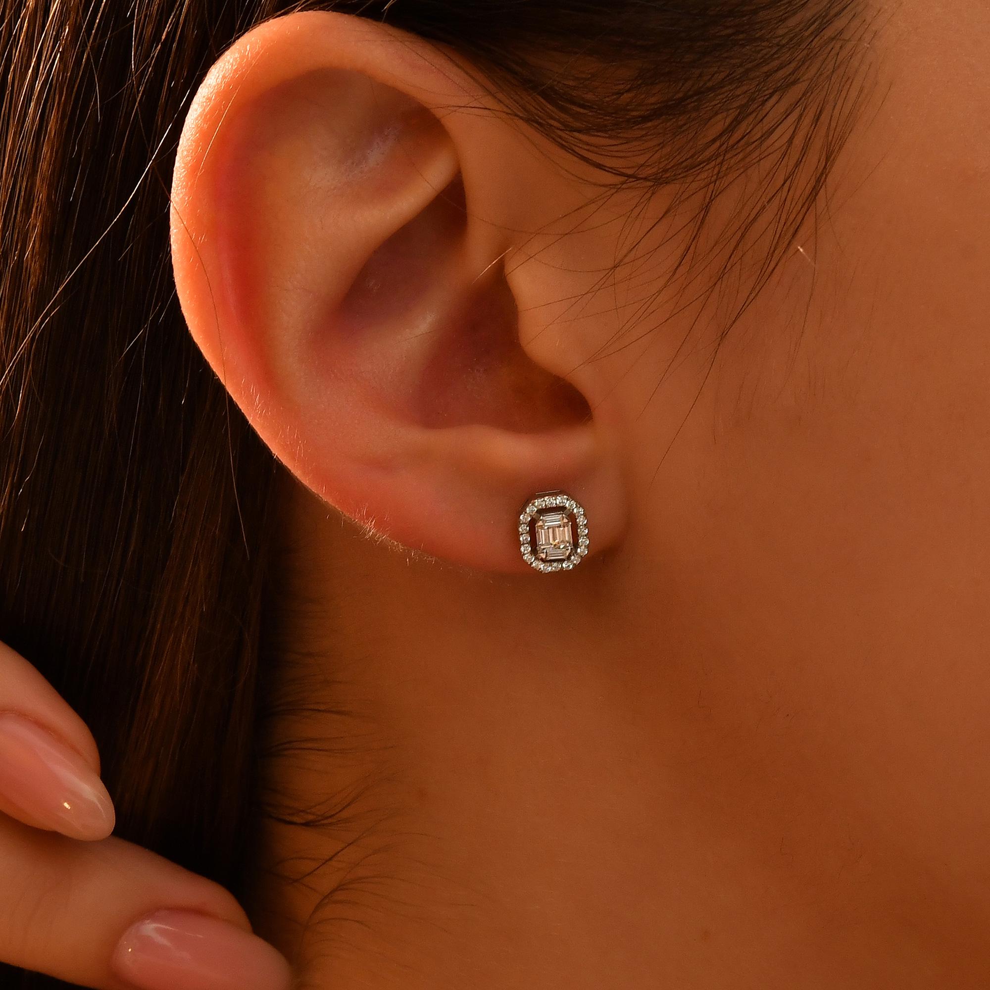 18k Diamond Baguette Earrings, Mimalist 14k Solid Gold Baguette Earrings for Women, Daily Baguette Gold Earrings, Real Gold Diamond Earrings