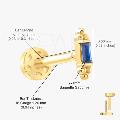 Diamond Tragus Piercing, 18k Sapphire Baguette Tragus Piercing, Gold Tragus Earring, Diamond Flat Back Earrings, Labret Screw Back Tragus