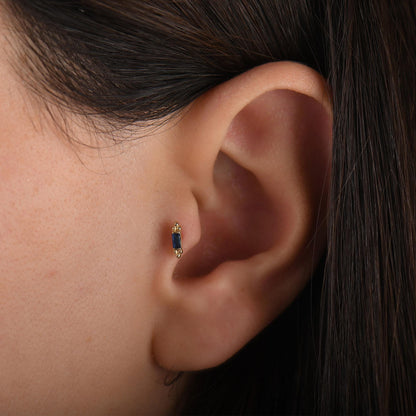 Diamond Tragus Piercing, 18k Sapphire Baguette Tragus Piercing, Gold Tragus Earring, Diamond Flat Back Earrings, Labret Screw Back Tragus