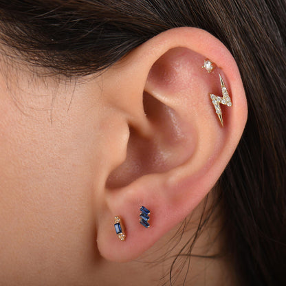 Diamond Tragus Piercing, 18k Sapphire Baguette Tragus Piercing, Gold Tragus Earring, Diamond Flat Back Earrings, Labret Screw Back Tragus