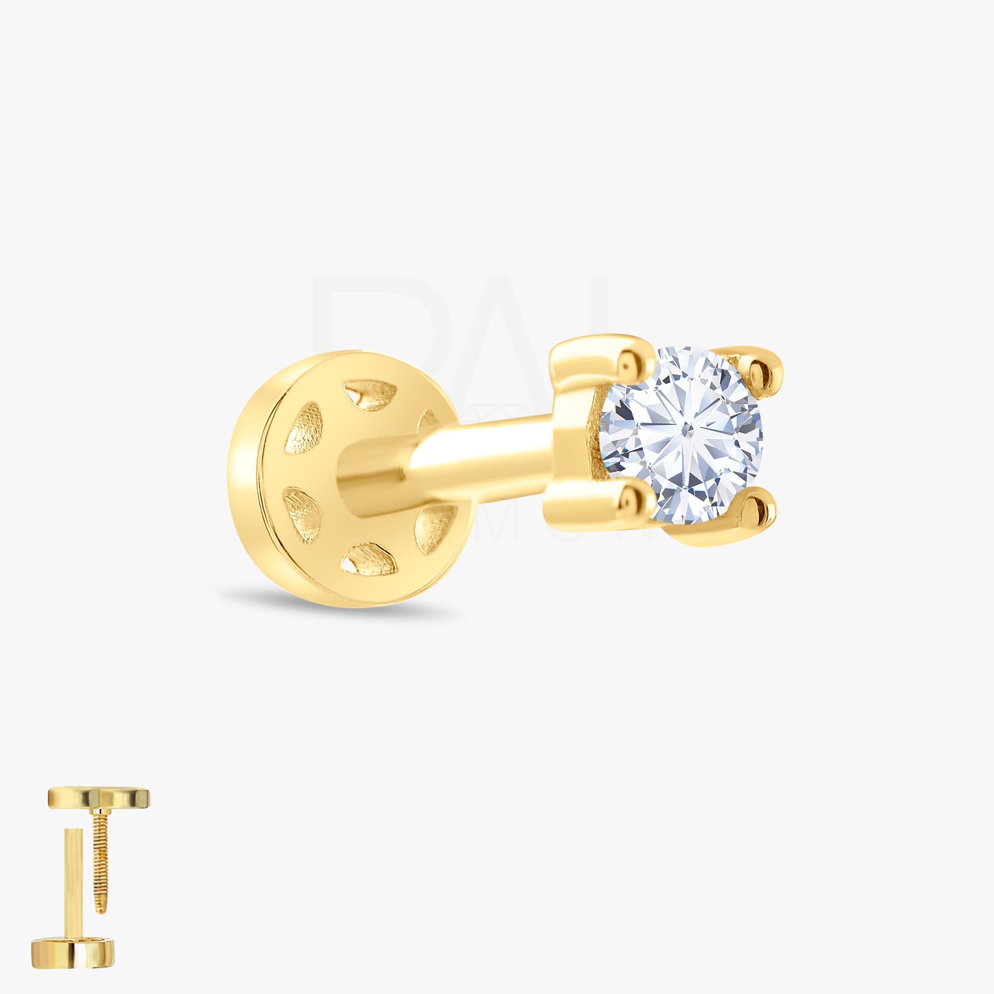 18k Diamond Solitaire Tragus Piercing, 14k Solid Gold Tragus Earring, Real Diamond Cartilage Earring, Flat Back Earrings, Tragus Labret Stud