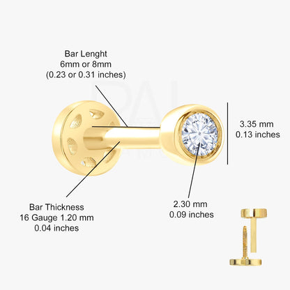 18k Diamond Solitaire Tragus Piercing, 14k Real Gold Solitaire Tragus Earring, Tragus Jewelry, Diamond Cartilage Earring, Flat Back Tragus