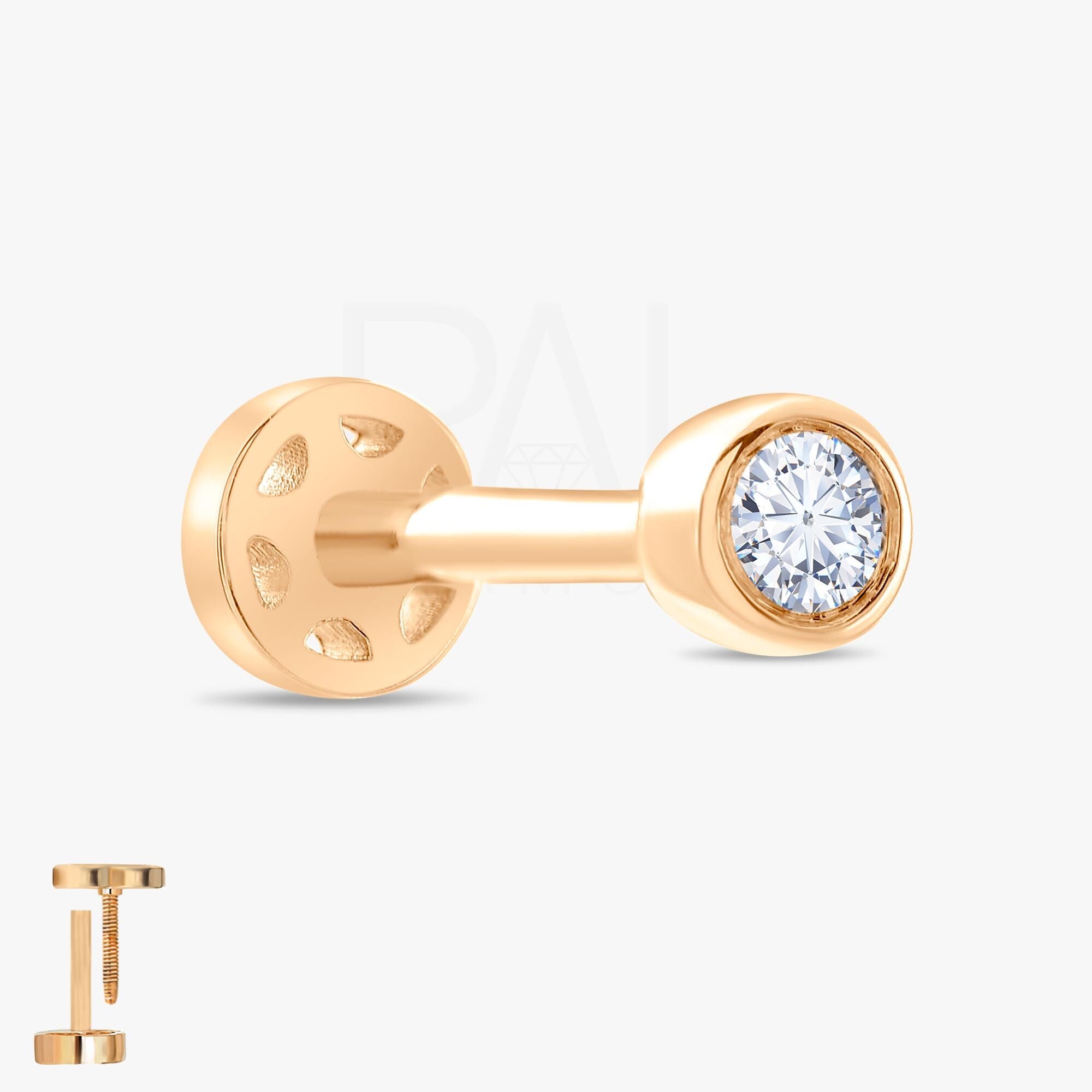 18k Diamond Solitaire Tragus Piercing, 14k Real Gold Solitaire Tragus Earring, Tragus Jewelry, Diamond Cartilage Earring, Flat Back Tragus