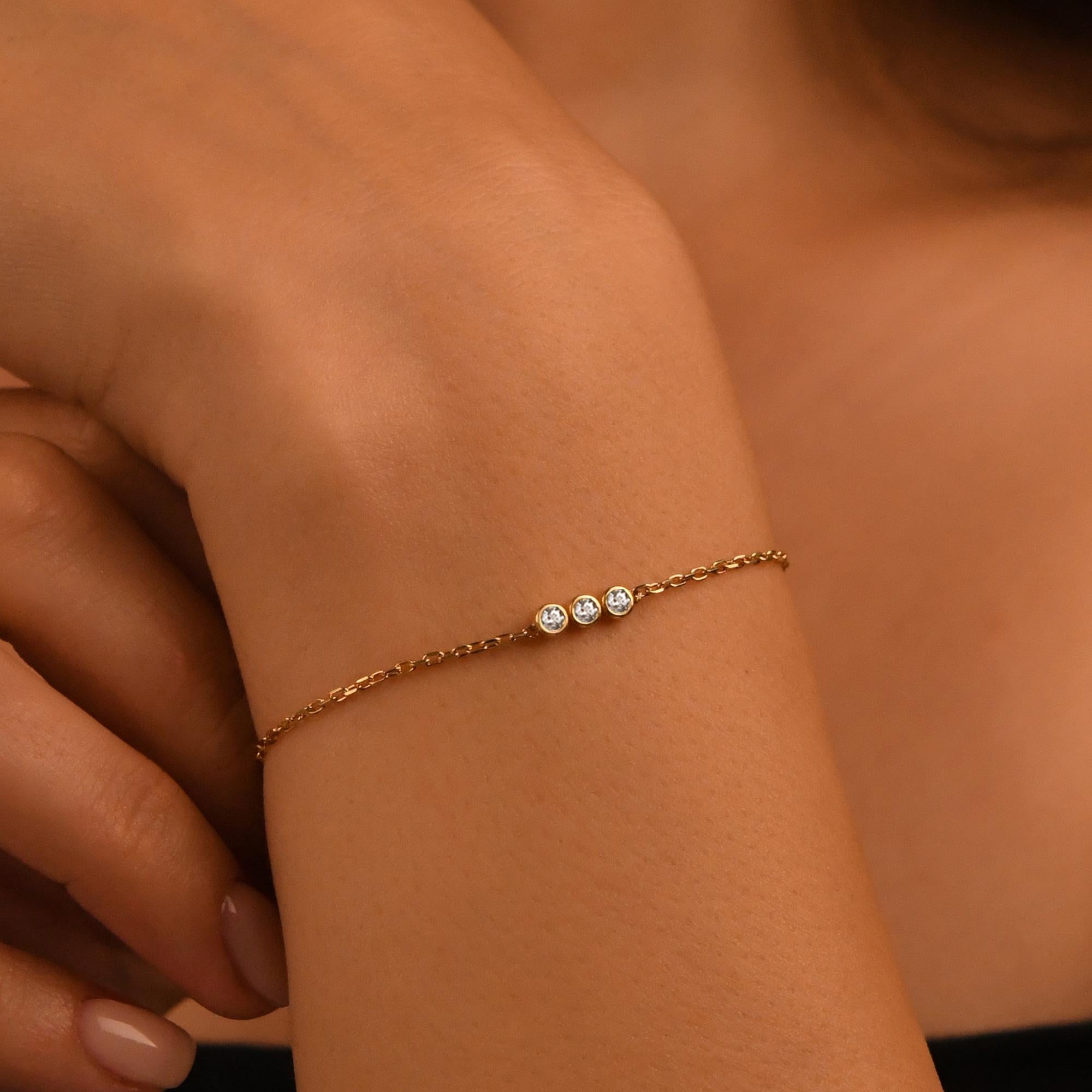 18k Solid Gold Diamond Bracelet For Women, Solitaire Diamond Tria Bracelet, 14k Real Gold and Real Diamond Bracelet, Bezel Setting Bracelet