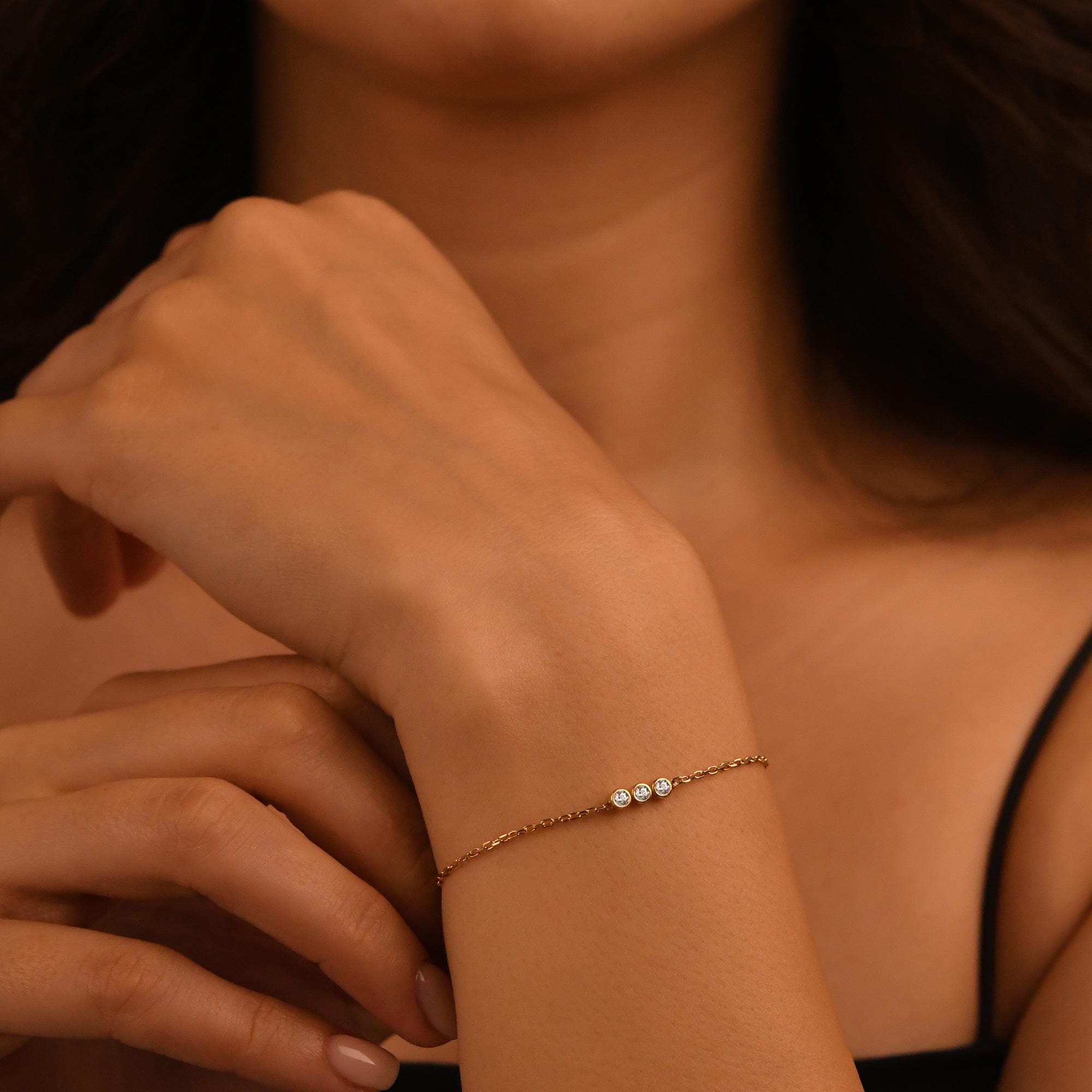 18k Solid Gold Diamond Bracelet For Women, Solitaire Diamond Tria Bracelet, 14k Real Gold and Real Diamond Bracelet, Bezel Setting Bracelet