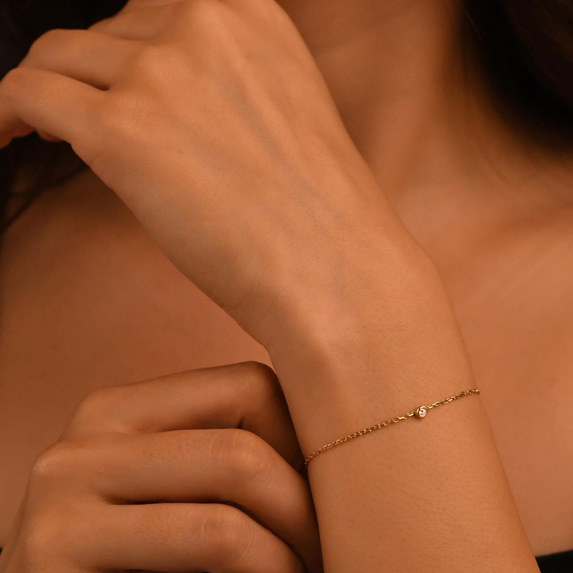 18k Solid Gold Bezel Setting Solitaire Diamond Bracelet, Solitaire Bracelet for Women, 14k Real Gold Bracelet, Natural Diamond Bracelet