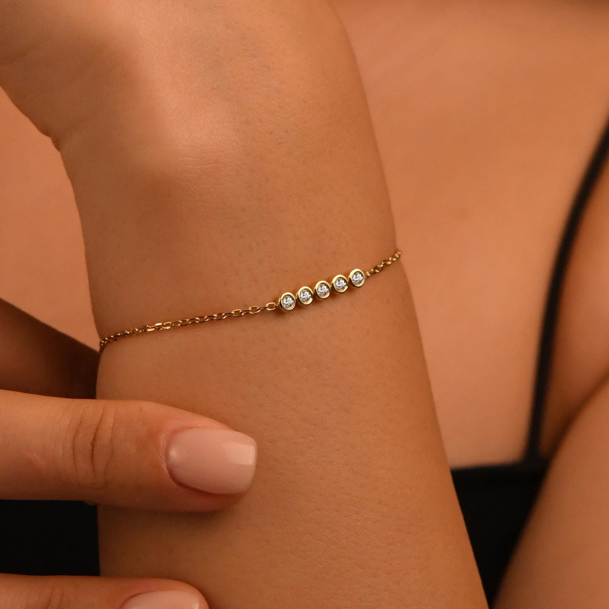 5 Stones Diamond Bracelet, 18k Solid Gold Diamond Bracelet, 14k Gold Diamond Bracelet for Women, Bezel Setting Dainty Diamond Bracelet