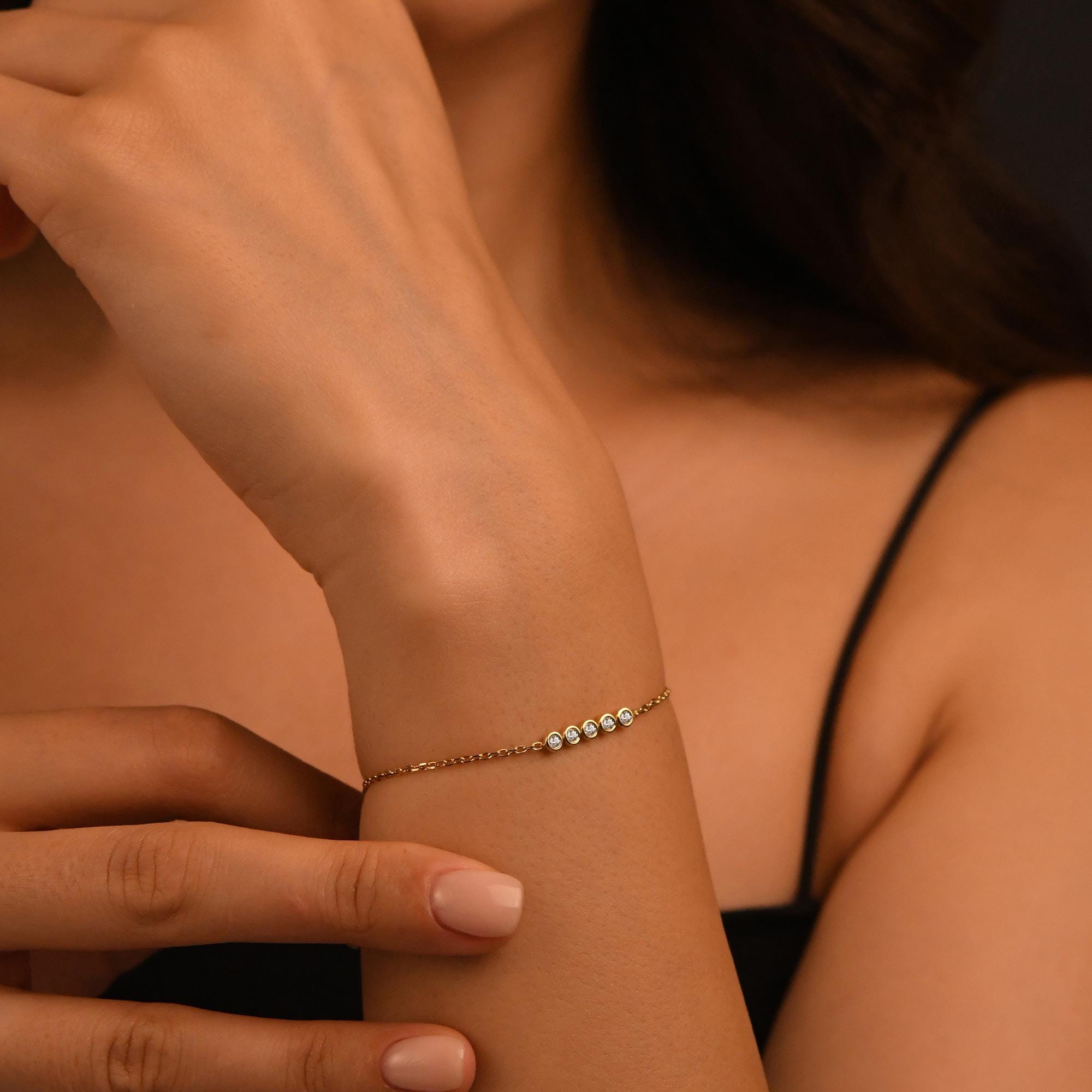5 Stones Diamond Bracelet, 18k Solid Gold Diamond Bracelet, 14k Gold Diamond Bracelet for Women, Bezel Setting Dainty Diamond Bracelet