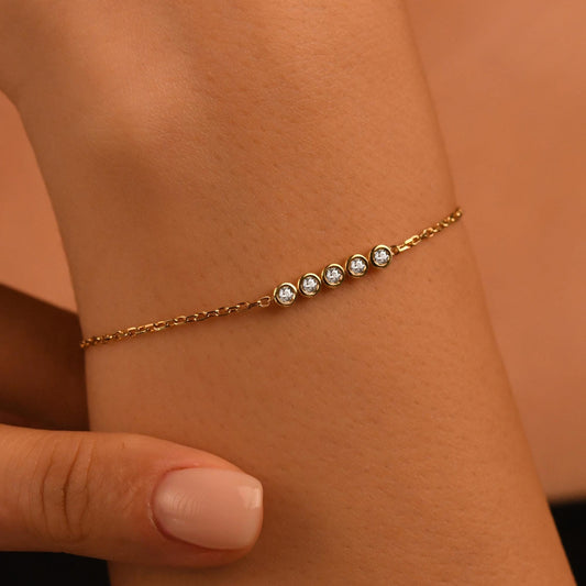 5 Stones Diamond Bracelet, 18k Solid Gold Diamond Bracelet, 14k Gold Diamond Bracelet for Women, Bezel Setting Dainty Diamond Bracelet