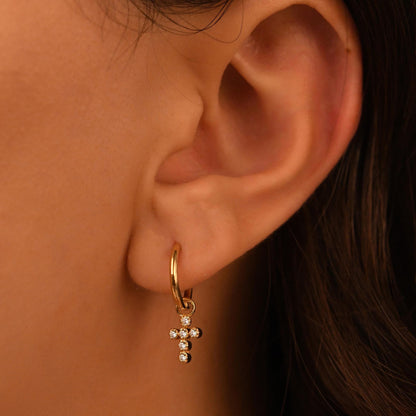 18k Diamond Cross Earrings, 14k Solid Gold Diamond Hoop Cross Earrings, Diamond Christian Jewelry, Solid Gold Natural Diamond Cross Huggies