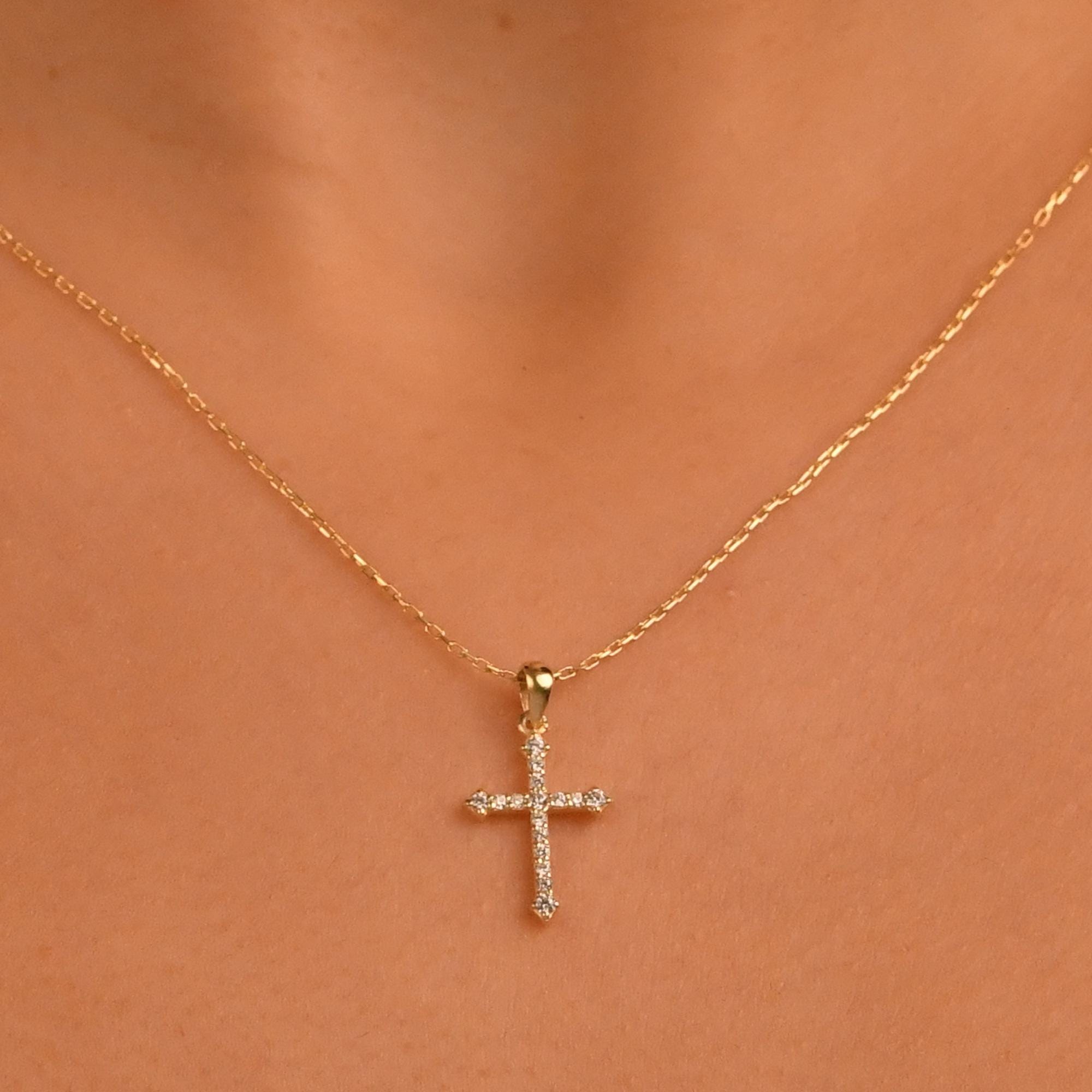18k Solid Gold Natural Diamond Cross Necklace, 14k Christian Faith Pendant, Religious Diamond Necklace, Dainty Cross Necklace for Women