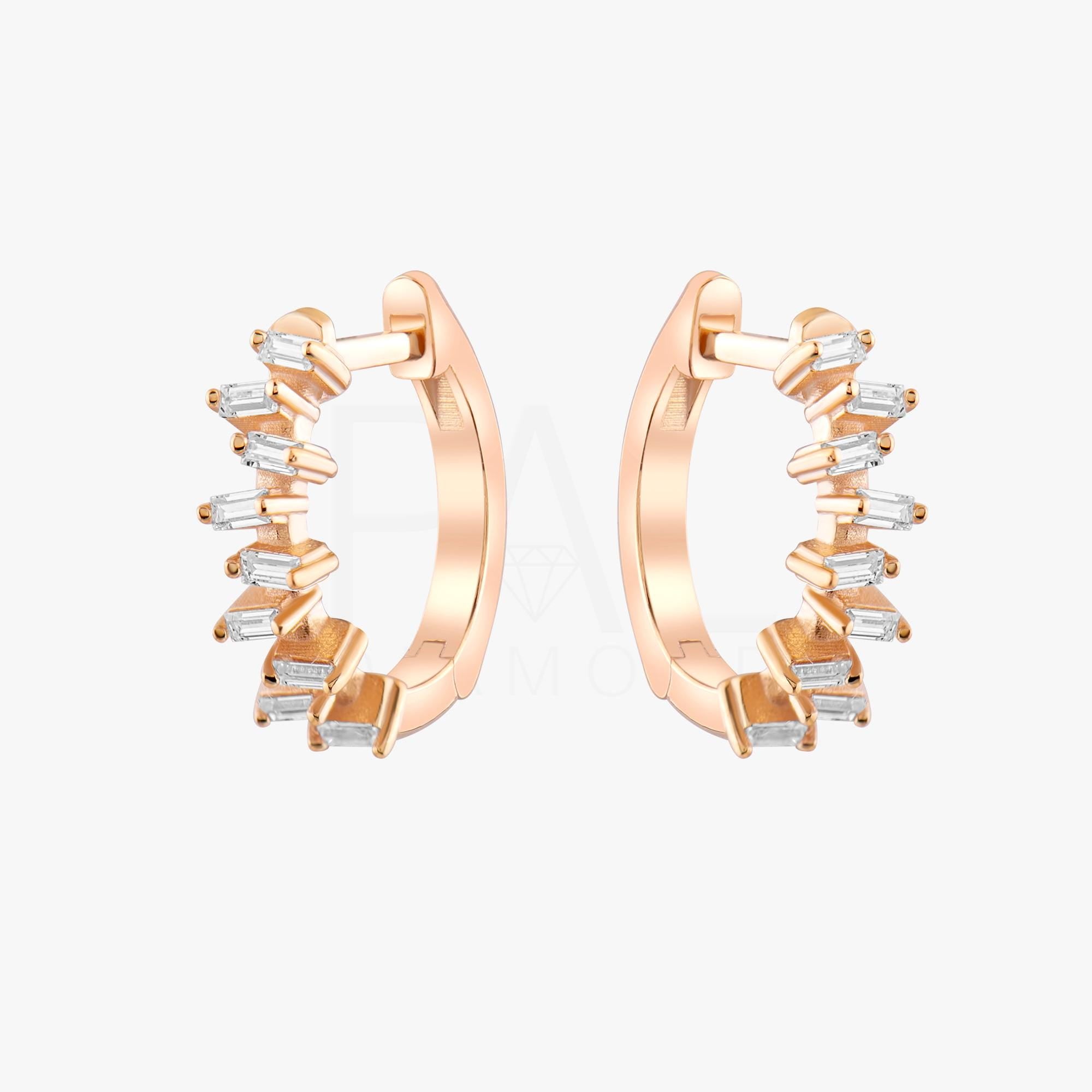 18k Solid Gold Diamond Baguette Earrings, Diamond Hoop Baguette Earrings, 14k Solid Gold Dainty Huggies, Everyday Earrings, Gold Earrings