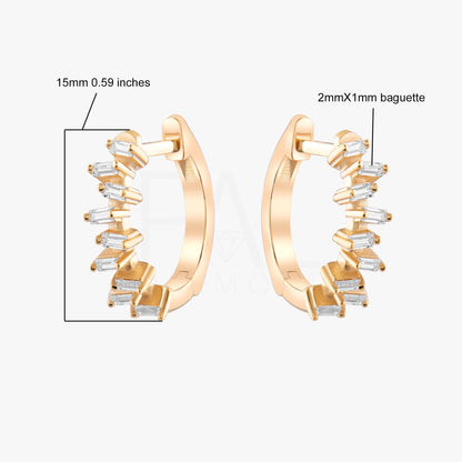 18k Solid Gold Diamond Baguette Earrings, Diamond Hoop Baguette Earrings, 14k Solid Gold Dainty Huggies, Everyday Earrings, Gold Earrings