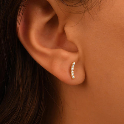 Diamond Curved Earrings, 18k Solid Gold Diamond Curved Earrings, 14k Solid Gold Diamond Curved Bar Earrings, Mini Diamond Stud Earrings