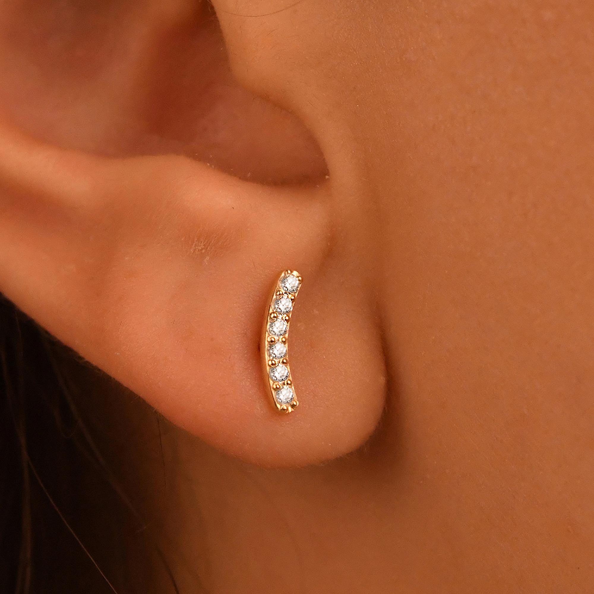 Diamond Curved Earrings, 18k Solid Gold Diamond Curved Earrings, 14k Solid Gold Diamond Curved Bar Earrings, Mini Diamond Stud Earrings