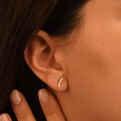 Diamond Curved Earrings, 18k Solid Gold Diamond Curved Earrings, 14k Solid Gold Diamond Curved Bar Earrings, Mini Diamond Stud Earrings