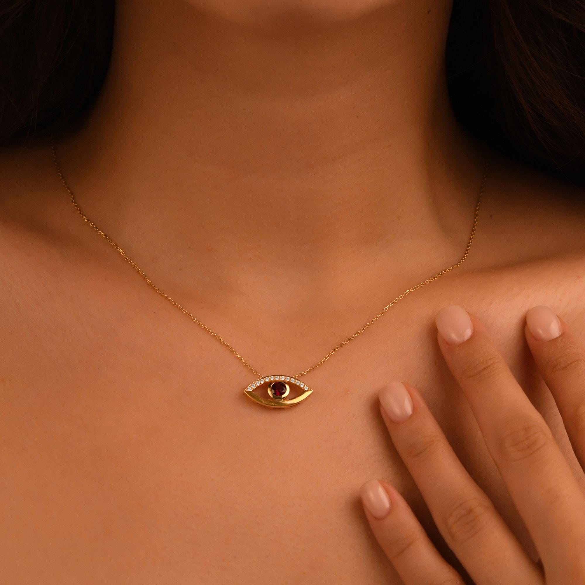 18k Diamond Evil Eye Ruby Necklace, 14k Solid Gold Sapphire Evil Eye Necklace, Emerald Evil Eye Necklace, Nazar Necklace, Evil Eye Jewelry