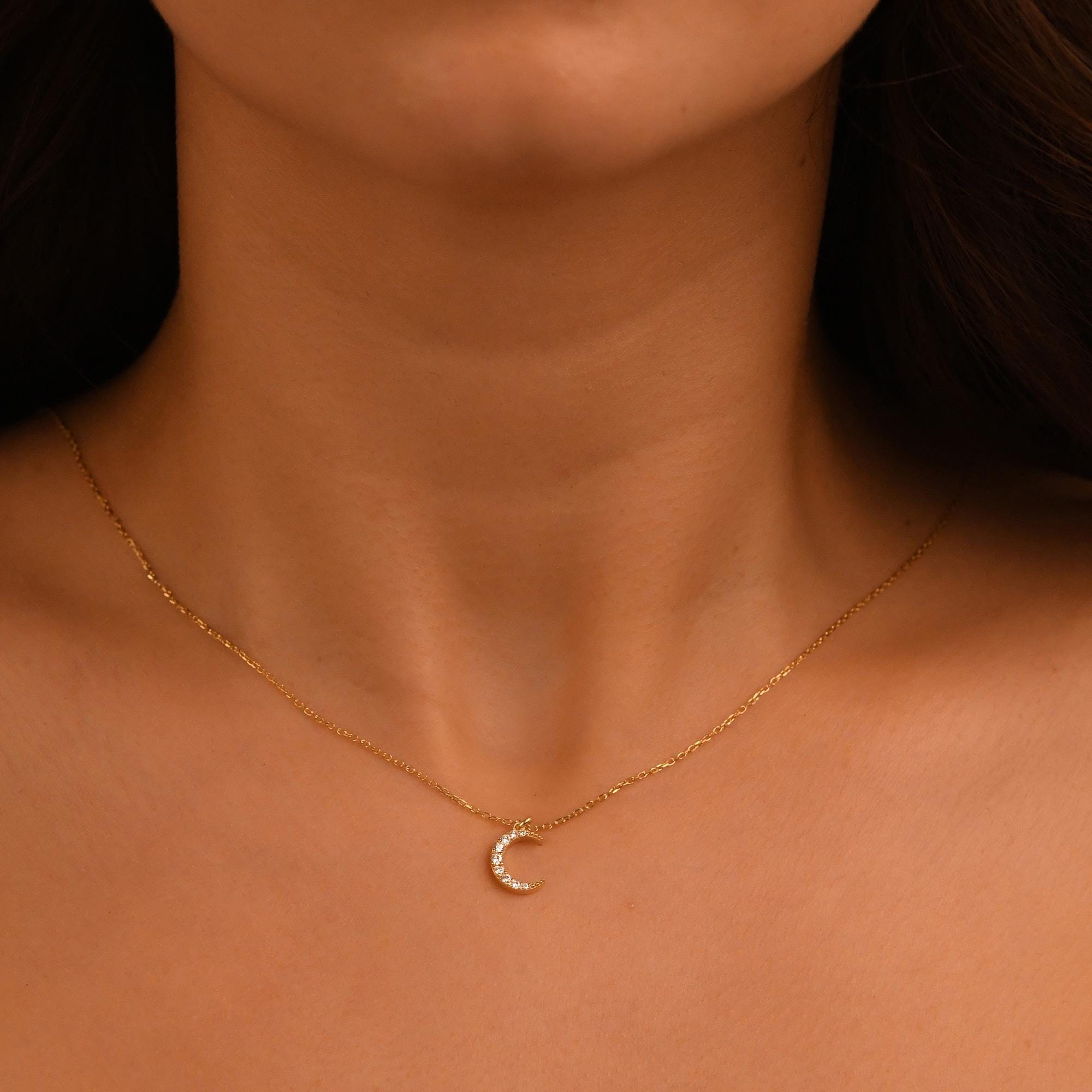18k Solid Gold Diamond Crescent Necklace, 14k Diamond Moon Necklace, Mini Crescent Pendant, Dainty Crescent Necklace, Celestial Necklace