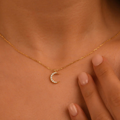 18k Solid Gold Diamond Crescent Necklace, 14k Diamond Moon Necklace, Mini Crescent Pendant, Dainty Crescent Necklace, Celestial Necklace