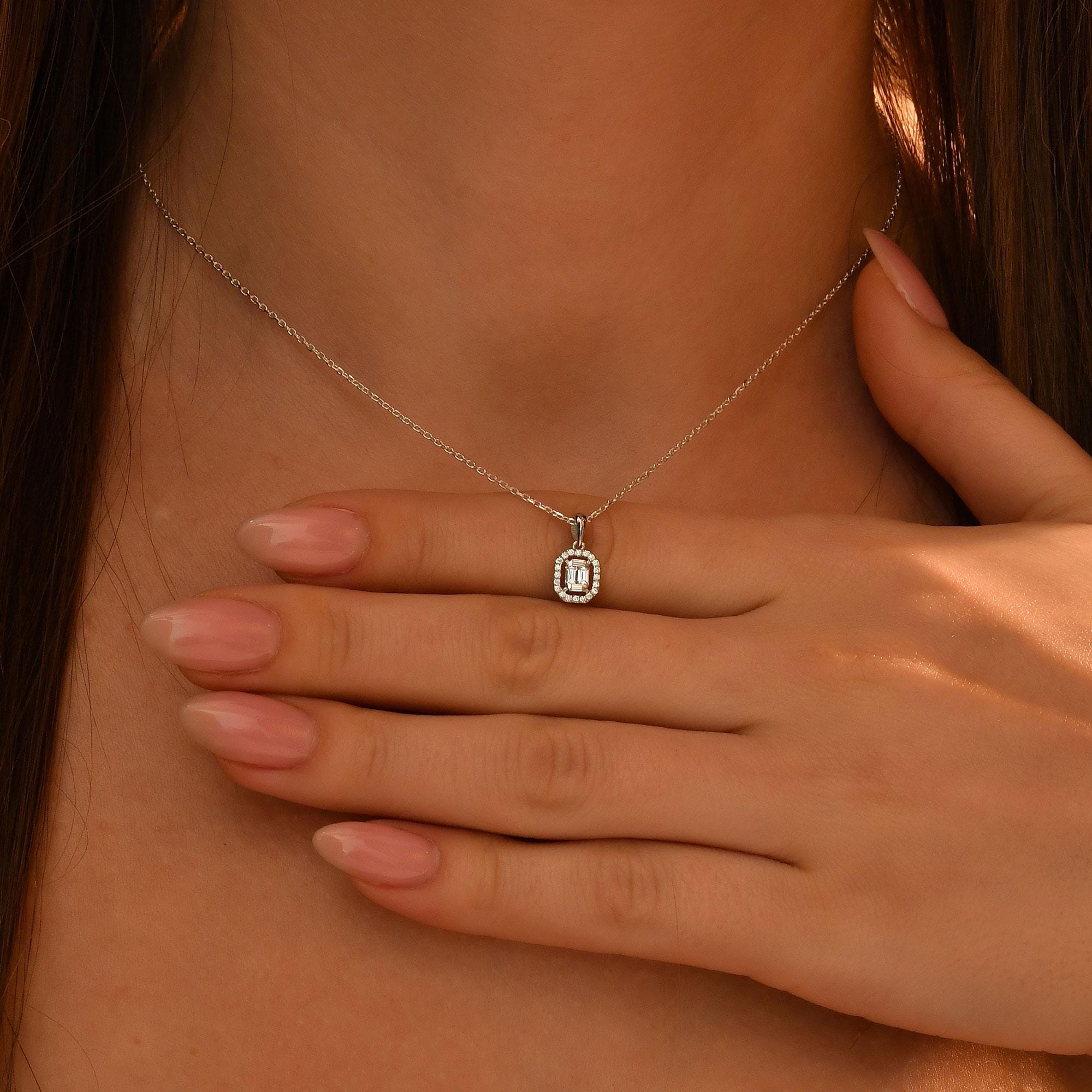 Diamond Baguette Necklace, 18k Gold Baguette Necklace for Women, 14k Solid Gold Diamond Baguette Necklace, Minimalist Gold Baguette Pendant