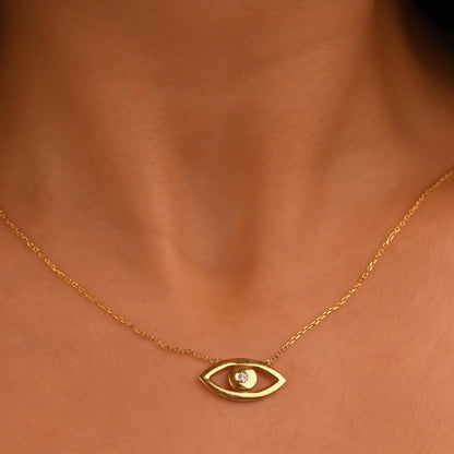 18k Gold Diamond Evil Eye Big Size Necklace, 14k Solid Gold Evil Eye Necklace, Diamond Nazar Hamsa Good Luck Necklace, Evil Eye Pendant