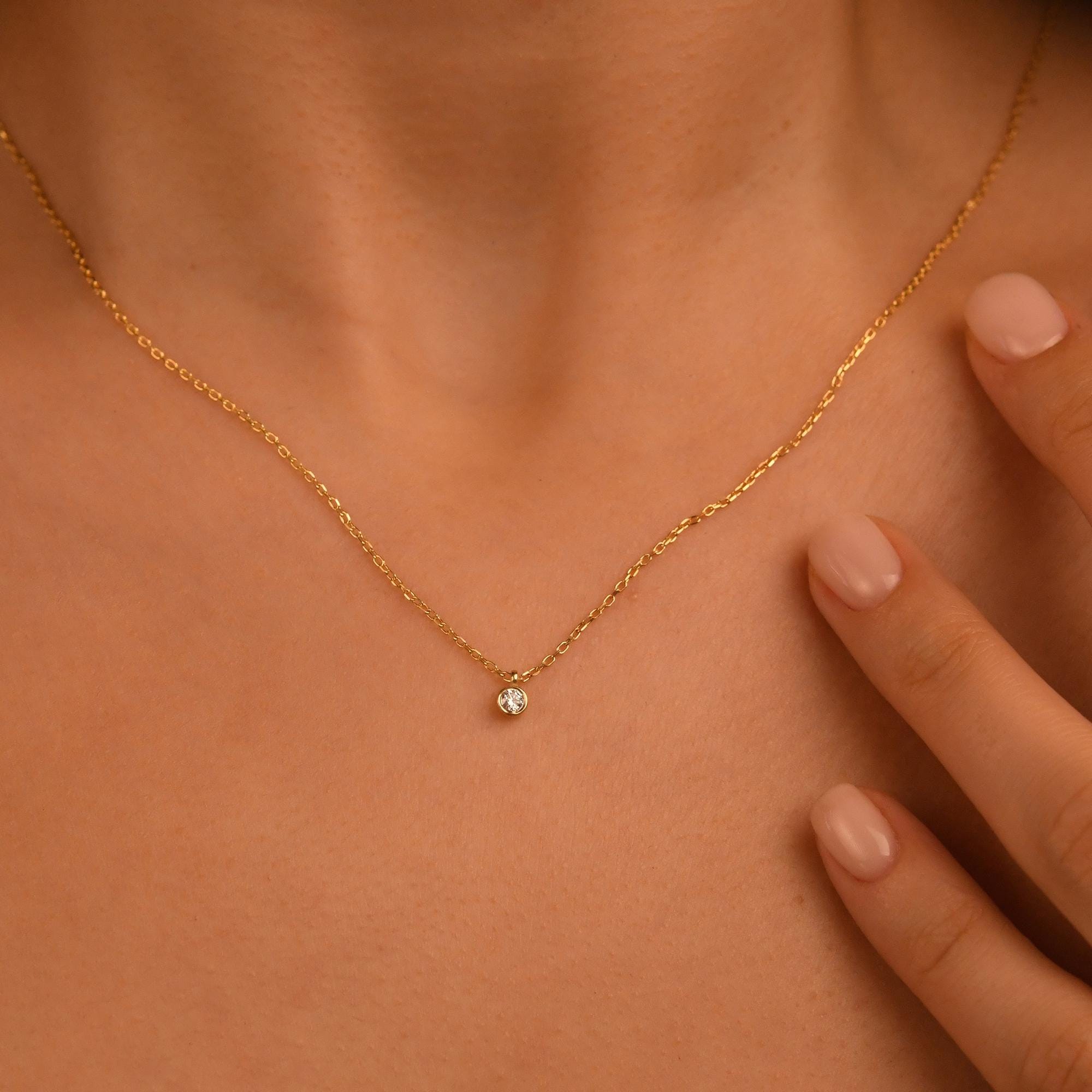 18k Diamond 0.08 Carat Solitaire Neklace, 14k Gold Dainty Diamond Solitaire Necklace, Bezel Setting Solitaire Necklace, Bridal Necklace