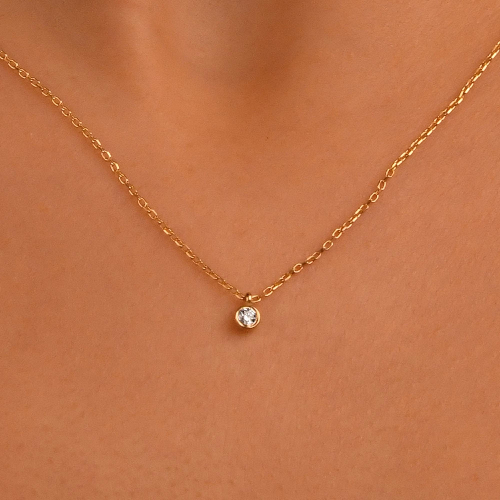 18k Diamond 0.08 Carat Solitaire Neklace, 14k Gold Dainty Diamond Solitaire Necklace, Bezel Setting Solitaire Necklace, Bridal Necklace