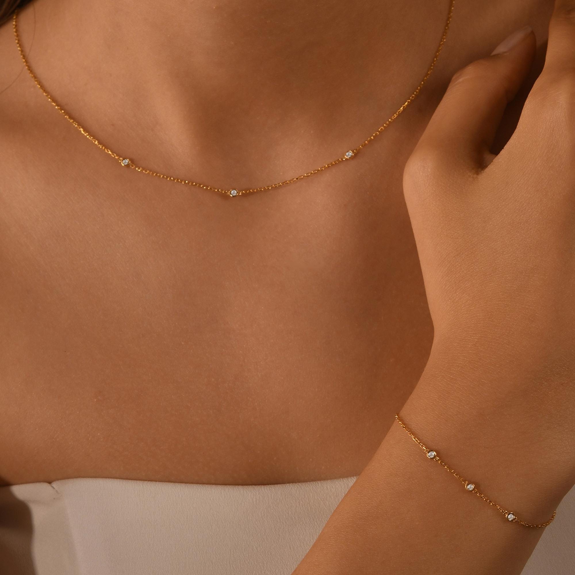 18k Diamond Solitaire Necklace, 14k Solid Gold 3 Stones Diamond Necklace, Bezel Setting Solitaire Diamond Necklace, Solitaire Gold Necklace