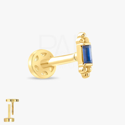 Diamond Tragus Piercing, 18k Sapphire Baguette Tragus Piercing, Gold Tragus Earring, Diamond Flat Back Earrings, Labret Screw Back Tragus