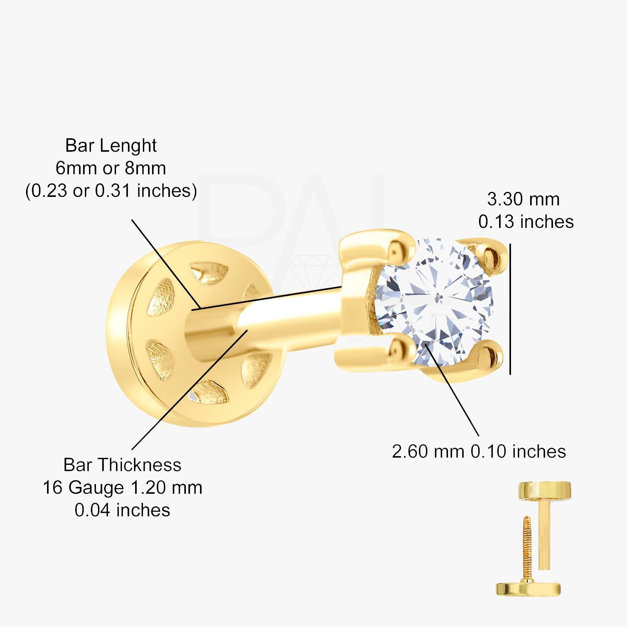 18k Diamond Solitaire Tragus Piercing, 14k Solid Gold Tragus Earring, Real Diamond Cartilage Earring, Flat Back Earrings, Tragus Labret Stud
