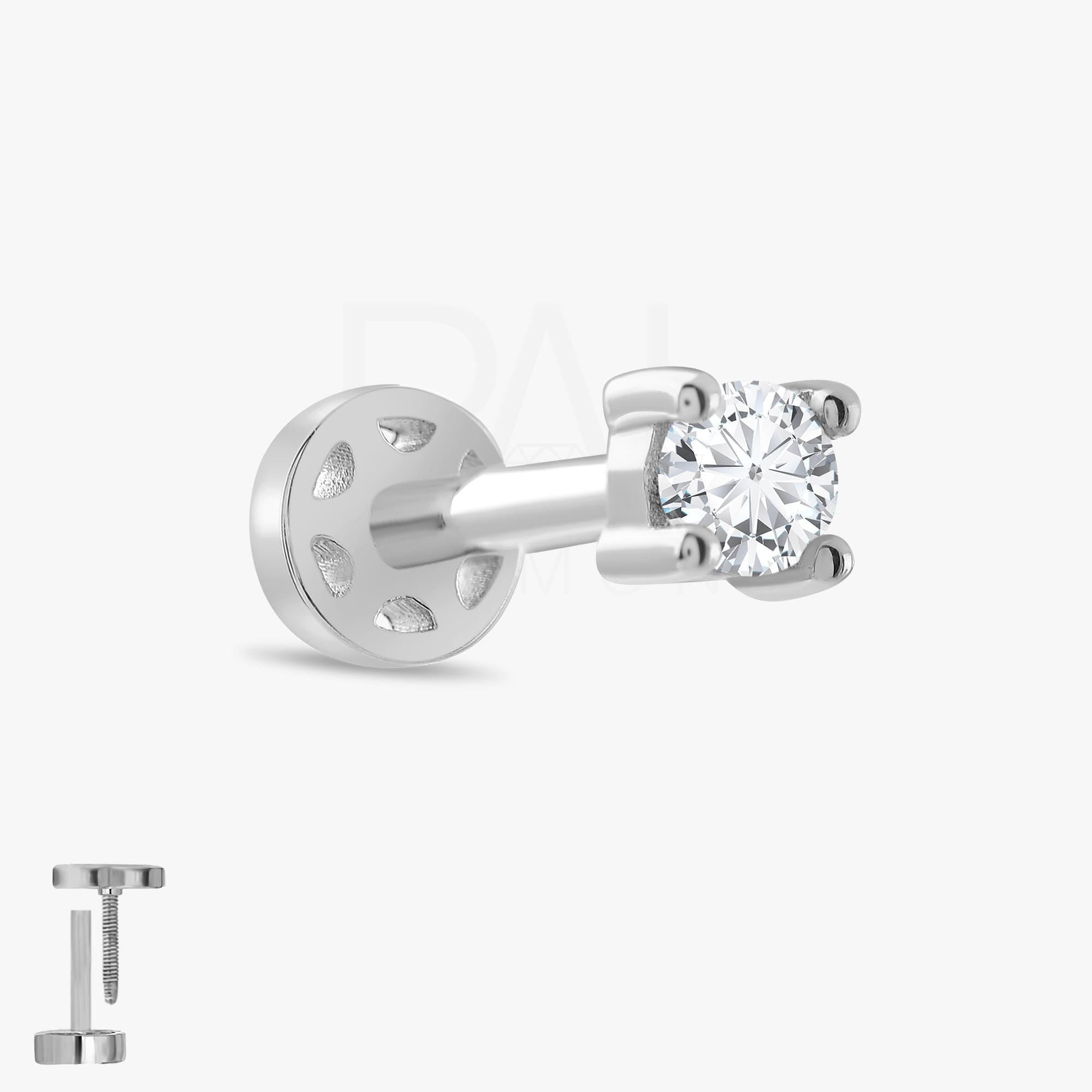 18k Diamond Solitaire Tragus Piercing, 14k Solid Gold Tragus Earring, Real Diamond Cartilage Earring, Flat Back Earrings, Tragus Labret Stud