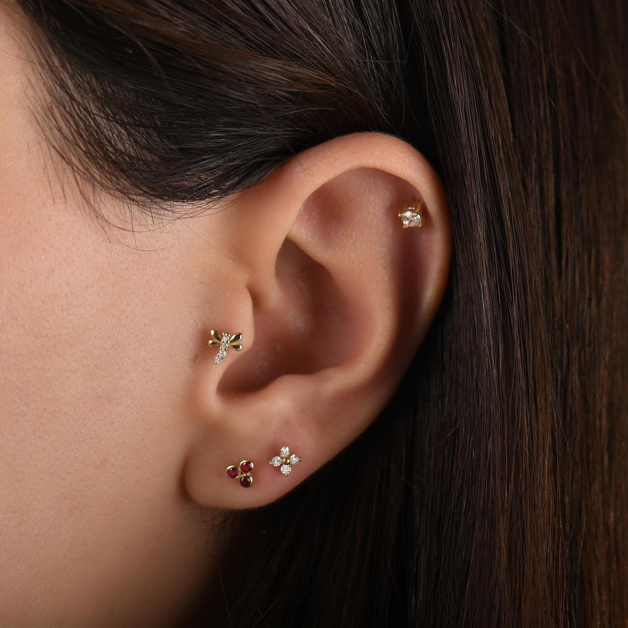 18k Diamond Solitaire Tragus Piercing, 14k Solid Gold Tragus Earring, Real Diamond Cartilage Earring, Flat Back Earrings, Tragus Labret Stud