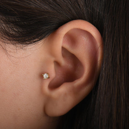 18k Diamond Solitaire Tragus Piercing, 14k Solid Gold Tragus Earring, Real Diamond Cartilage Earring, Flat Back Earrings, Tragus Labret Stud