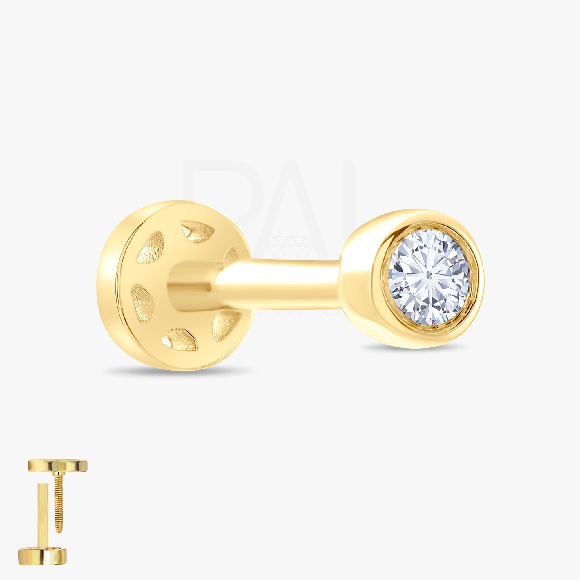 18k Diamond Solitaire Tragus Piercing, 14k Real Gold Solitaire Tragus Earring, Tragus Jewelry, Diamond Cartilage Earring, Flat Back Tragus