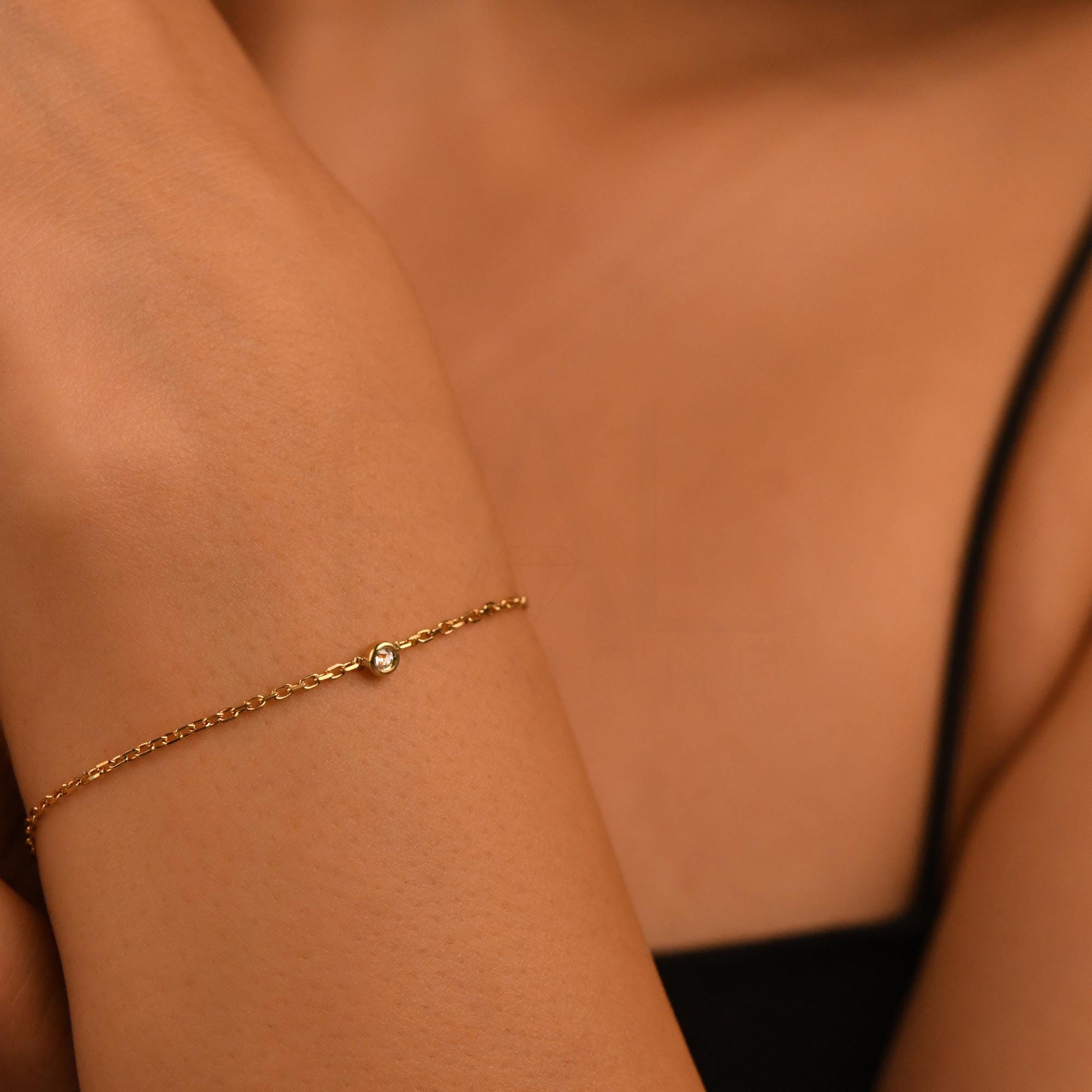 18k Solid Gold Bezel Setting Solitaire Diamond Bracelet, Solitaire Bracelet for Women, 14k Real Gold Bracelet, Natural Diamond Bracelet