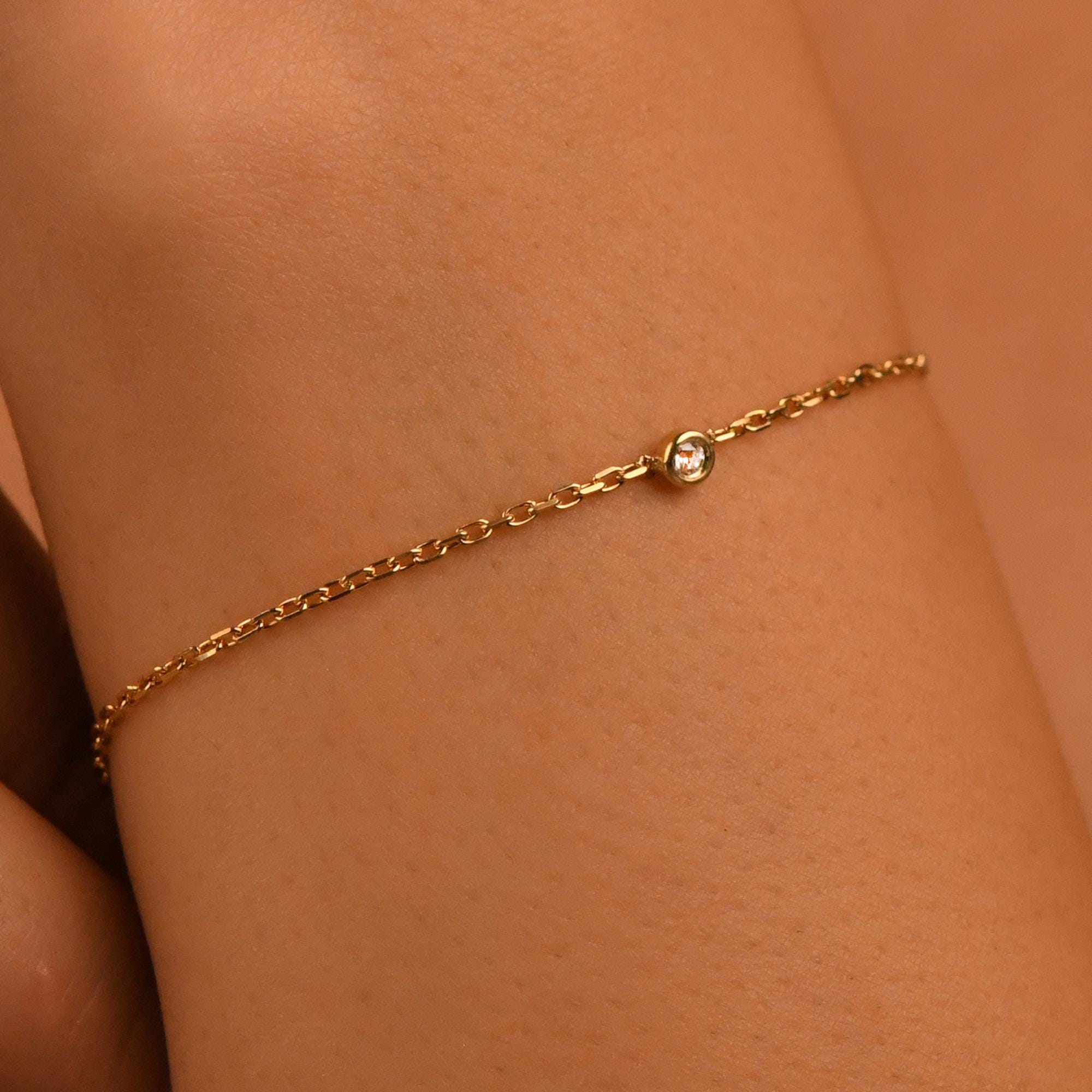 18k Solid Gold Bezel Setting Solitaire Diamond Bracelet, Solitaire Bracelet for Women, 14k Real Gold Bracelet, Natural Diamond Bracelet