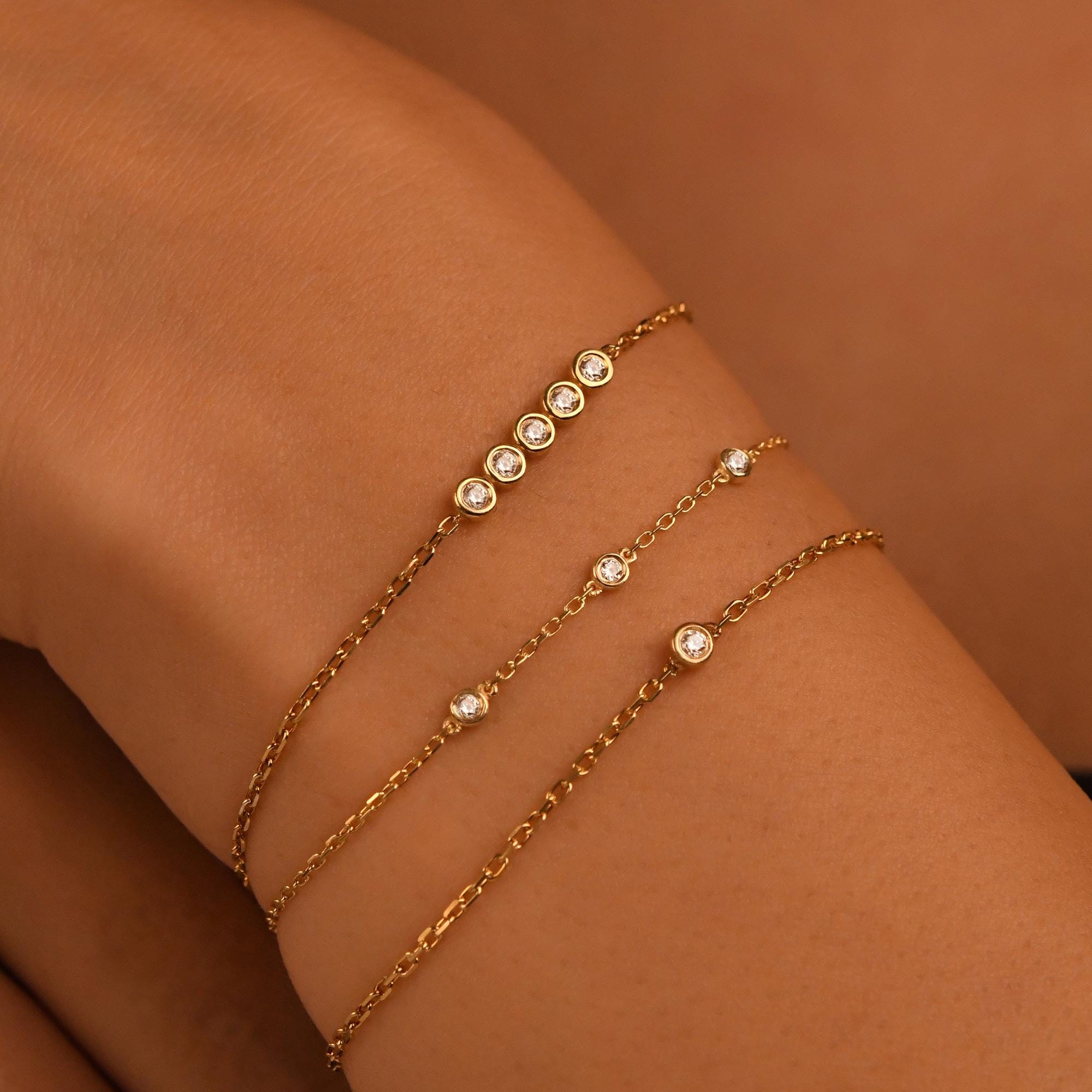 5 Stones Diamond Bracelet, 18k Solid Gold Diamond Bracelet, 14k Gold Diamond Bracelet for Women, Bezel Setting Dainty Diamond Bracelet
