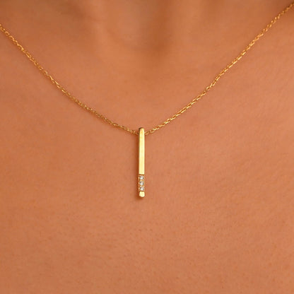 18k Big Size Diamond Bar Necklace, 14k Solid Gold Diamond Bar Necklace, Natural Diamond Rectangular Shaped Bar Necklace, Vertical Necklace