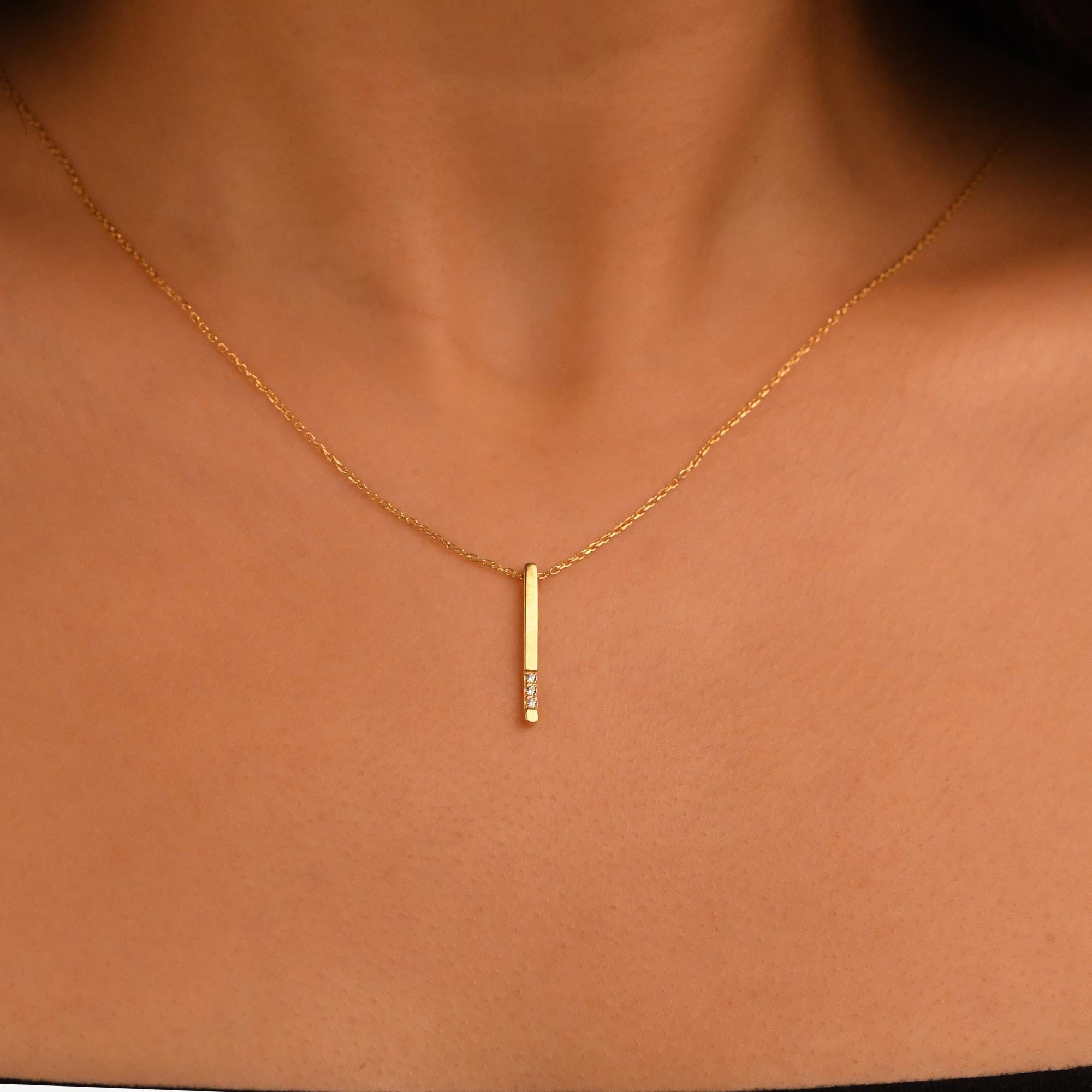 18k Big Size Diamond Bar Necklace, 14k Solid Gold Diamond Bar Necklace, Natural Diamond Rectangular Shaped Bar Necklace, Vertical Necklace