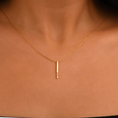 18k Big Size Diamond Bar Necklace, 14k Solid Gold Diamond Bar Necklace, Natural Diamond Rectangular Shaped Bar Necklace, Vertical Necklace