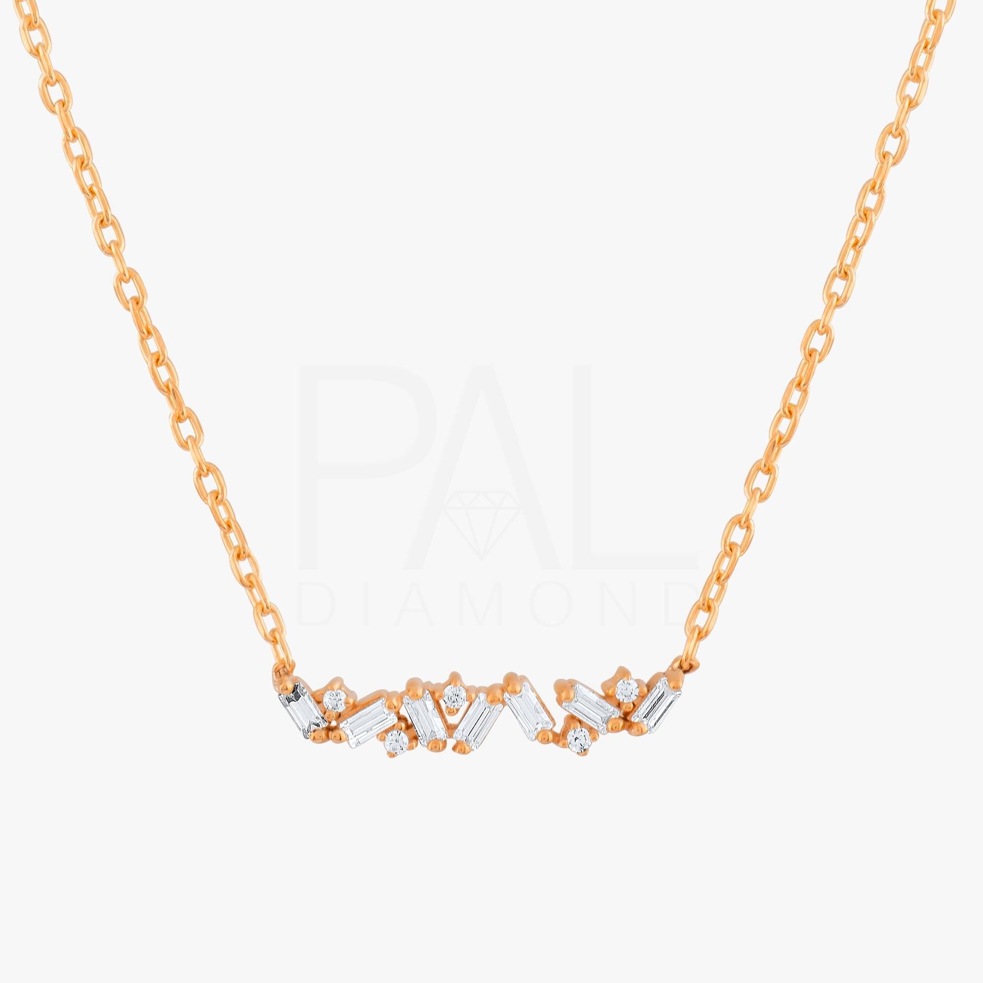 18k Solid Gold Cluster, Daily Diamond Necklace, 14k Diamond Baguette Necklace, Baguette and Round Diamond Necklace, Dainty Cluster Necklace