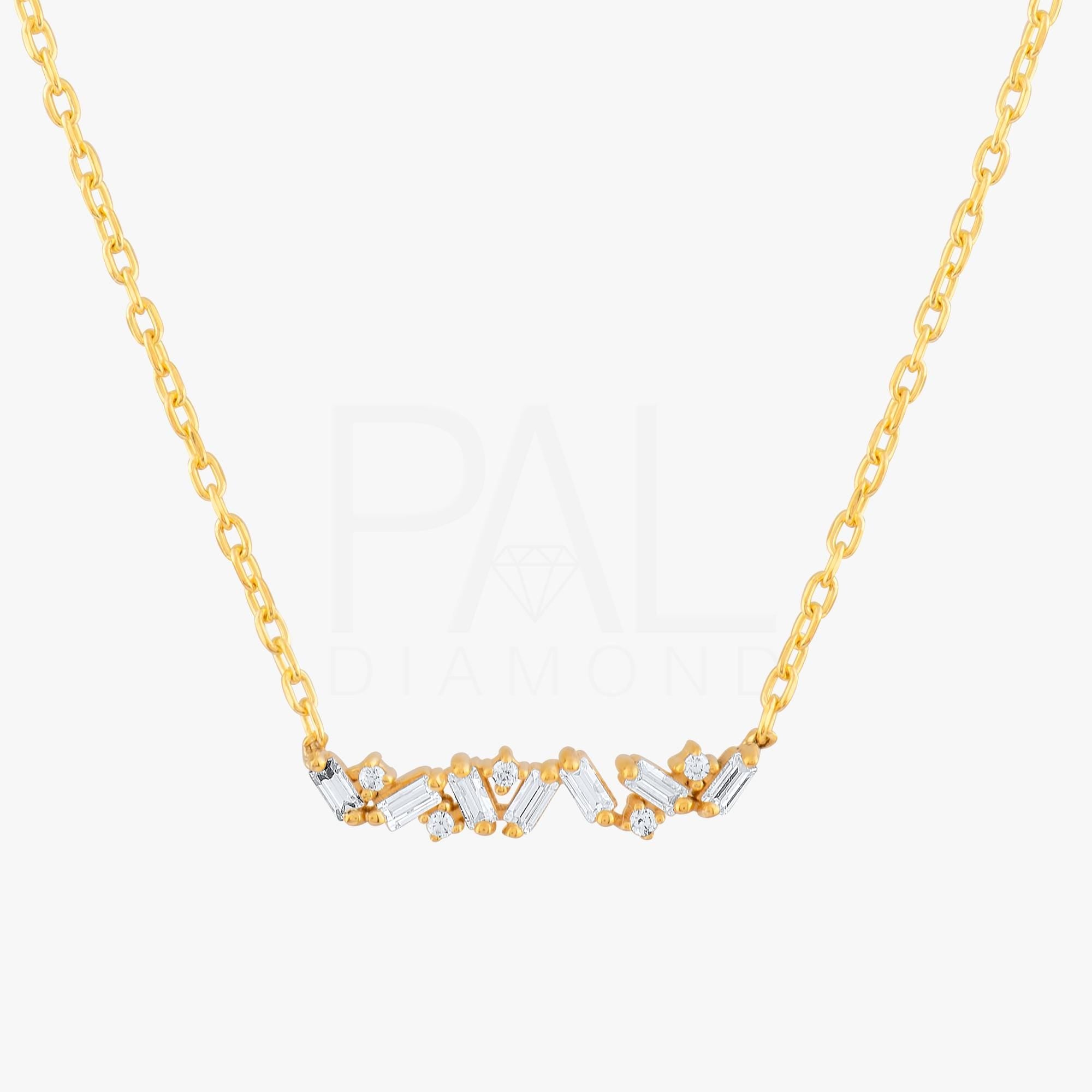 18k Solid Gold Cluster, Daily Diamond Necklace, 14k Diamond Baguette Necklace, Baguette and Round Diamond Necklace, Dainty Cluster Necklace