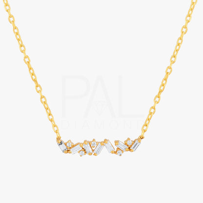 18k Solid Gold Cluster, Daily Diamond Necklace, 14k Diamond Baguette Necklace, Baguette and Round Diamond Necklace, Dainty Cluster Necklace