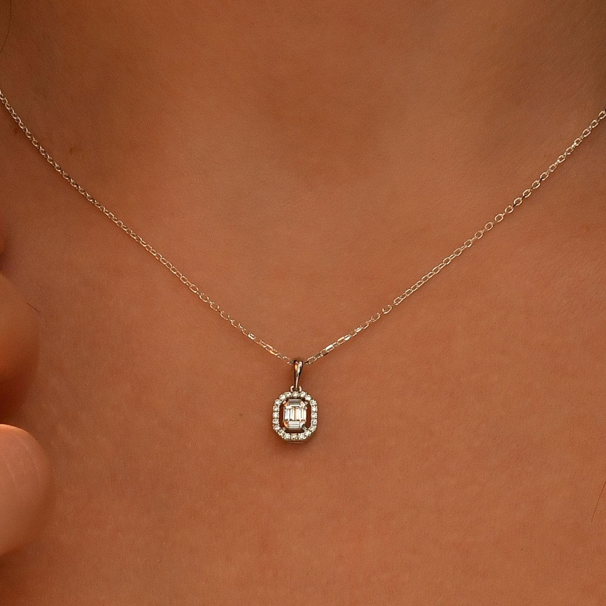 Diamond Baguette Necklace, 18k Gold Baguette Necklace for Women, 14k Solid Gold Diamond Baguette Necklace, Minimalist Gold Baguette Pendant