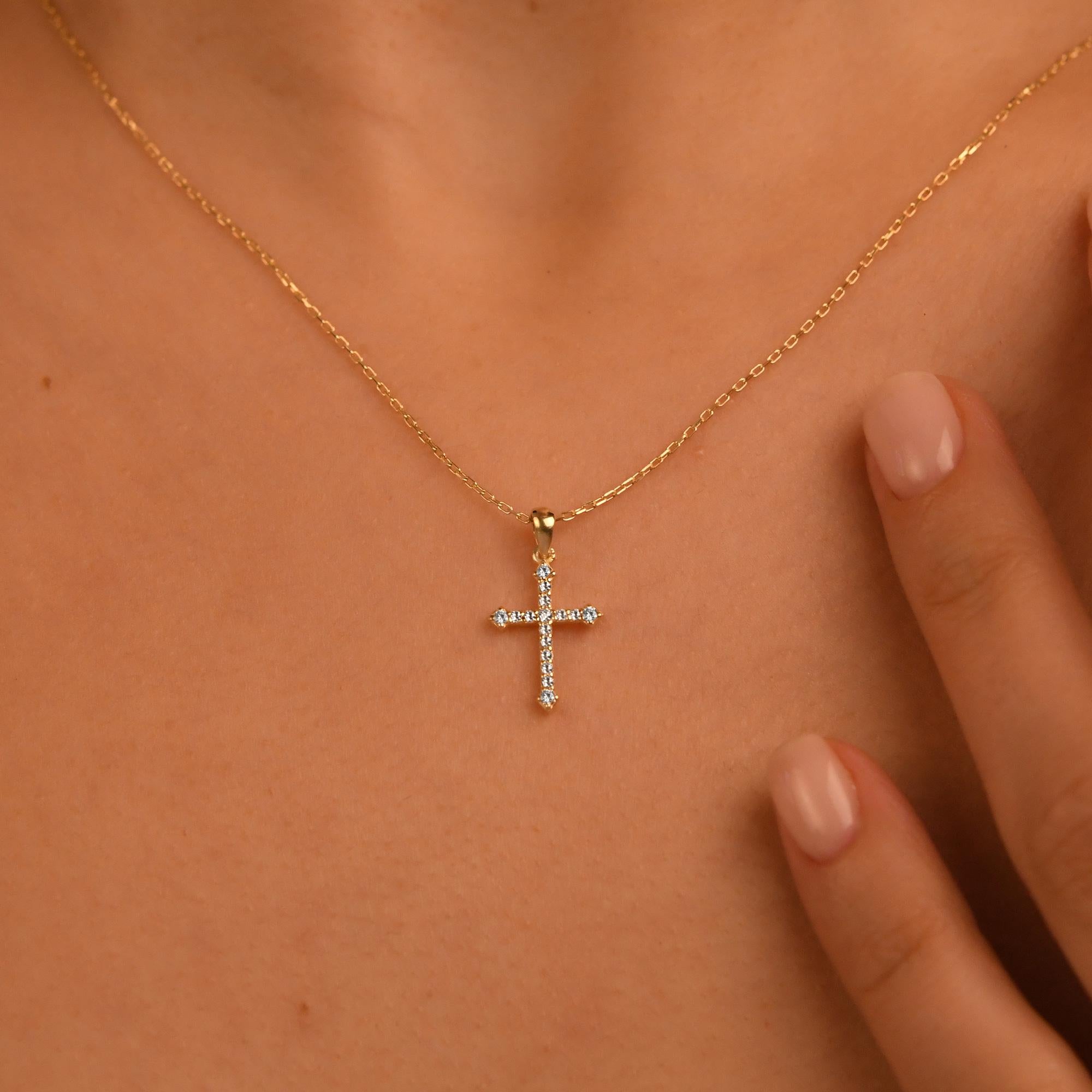 18k Solid Gold Natural Diamond Cross Necklace, 14k Christian Faith Pendant, Religious Diamond Necklace, Dainty Cross Necklace for Women