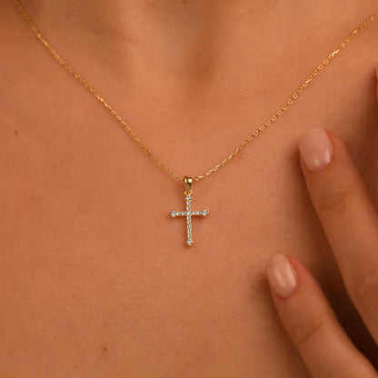 18k Solid Gold Natural Diamond Cross Necklace, 14k Christian Faith Pendant, Religious Diamond Necklace, Dainty Cross Necklace for Women